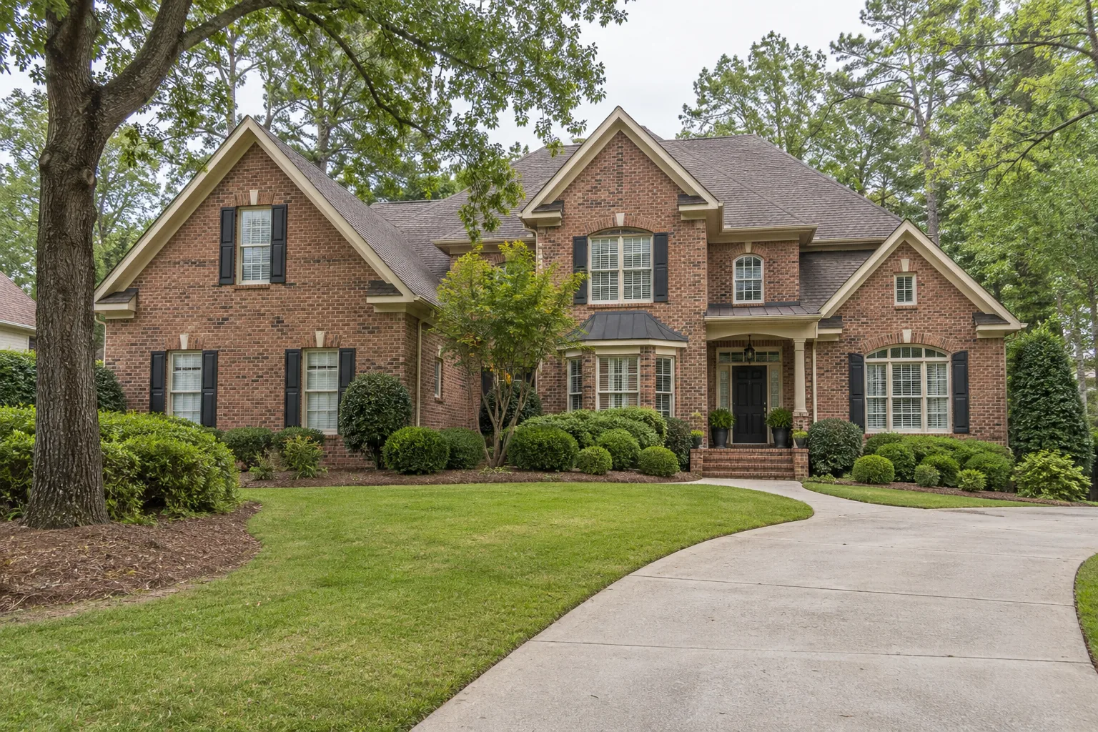 Photorealistic illustration of a red-brick Alabama home with a front lawn and established landscaping